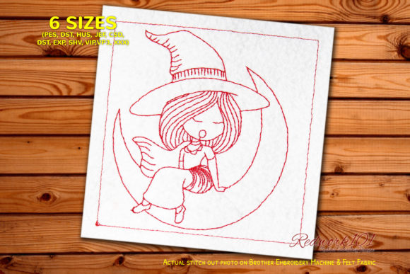 Fancy Witch on the Moon Redwork